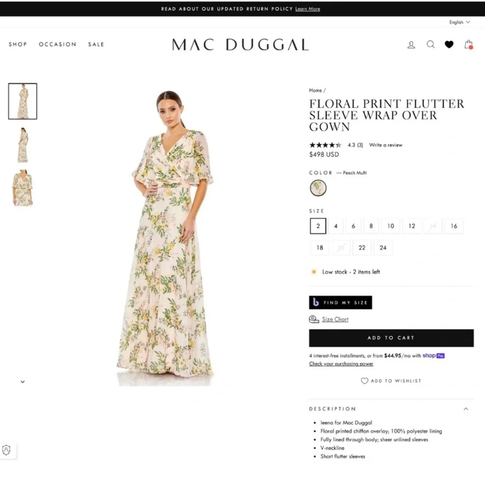 MAC DUGGAL Floral Print Chiffon A-Line Gown in Peach Multi Size US 14 NWOT